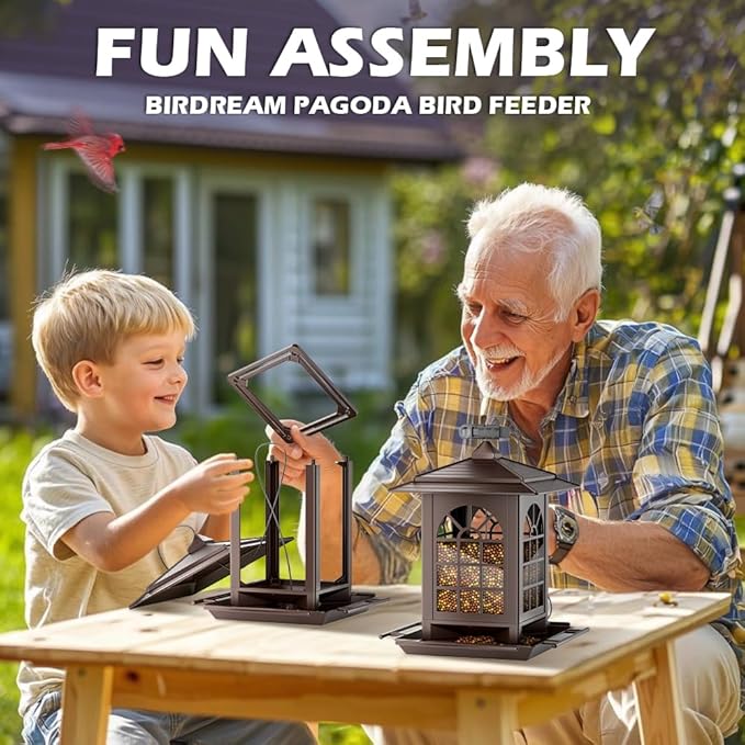 Birdream 2 Pack Bird Feeders for Outdoors Hanging - 7LB Total Capacity Classic Courtyard Design Fun Assembly Large Bird Feeder, Attracting Wild Birds Cardinals Goldfinches Sparrows - Brown