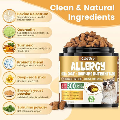 Cat Allergy Relief for Cats, Crunchy & Creamy Chews for Immune & Skin Coat Support – Seasonal Allergies, Itching Relief, Omega 3 & Probiotic Natural Supplement for Cats, Chicken Flavor – 500 Chews