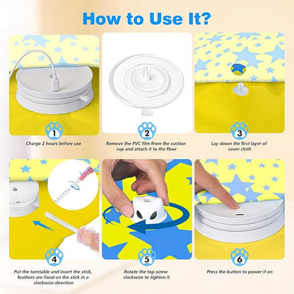 Rechargeable Interactive Cat Toys, Automatic Cat Toy for Indoor Cats, Durable Hide and Seek Cat Toy with Moving Concealed Feathers, Touch Activated Kitten Toys Cat Exercise Toys, Yellow Blue Cover