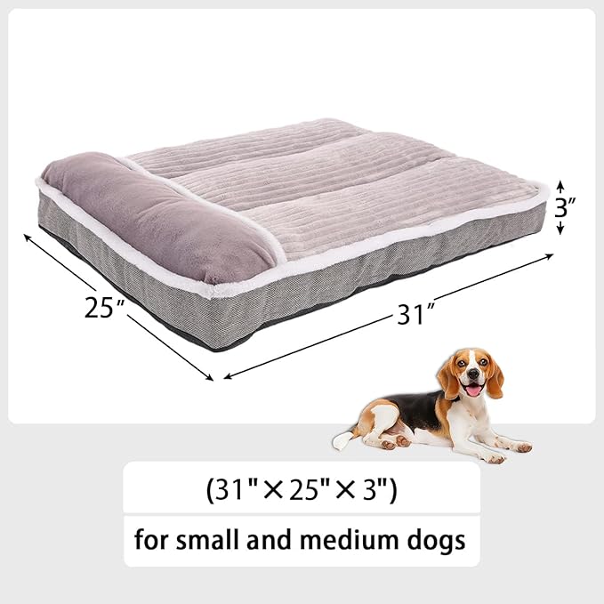 Dog Bed for Large Dogs, Dog Mattress with Pillow for Crate Kennel, Sofa pet Bed, Super Soft pet Bed for Medium, Jumbo, Small Dogs Breeds Grey, Medium:(31"x25"x3")