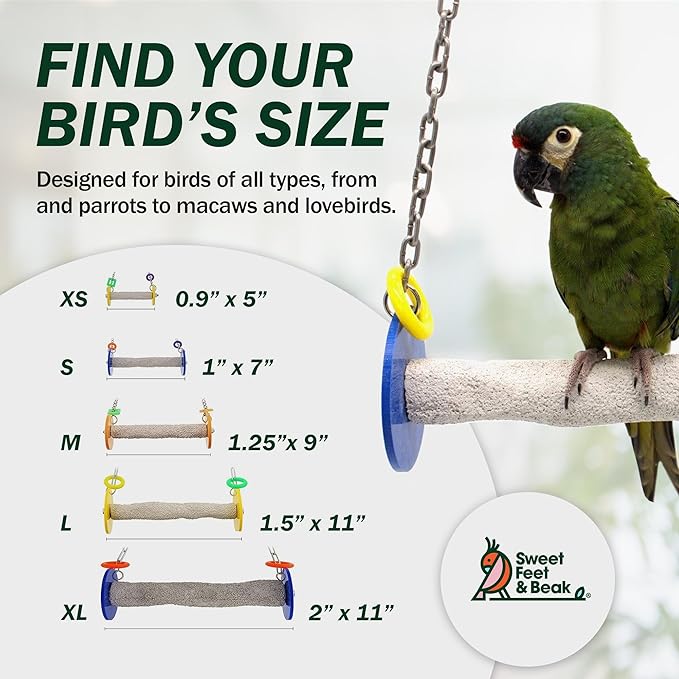 Roll Bird Swing - Pumice Perch Bird Toys Trims Nails and Beaks, Safe and Non-Toxic Bird Cage Accessories for Small and Large Birds, Swinging Toys Birds Will Love, Large 10.5 Inches
