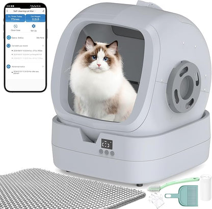 Automatic Cat Litter Box Self Cleaning - APP Control and Weight Monitoring - Ultra-Quiet, Suitable for Medium Cats and Kittens, Safe Anti-Pinch Litter Box (Assembly Required) - Light Grey