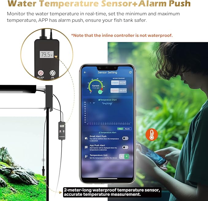 GLOWRIUM Smart Aquarium Light, Bluetooth + WiFi Dual Control Freshwater Fish Tank Light with App, Multi-preset Spectrum, Brightness Adjustable, Anti-Drop, Real Time Water Temperature Sensor (12-18 in)