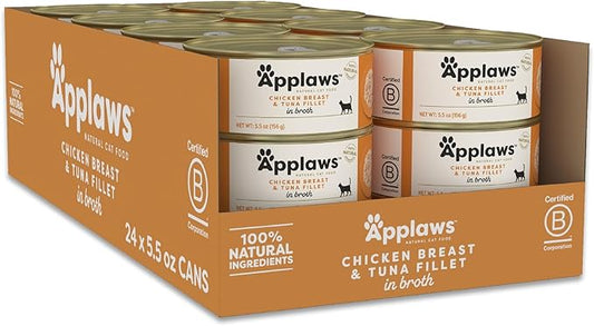Applaws Natural Wet Canned Cat Food, Limited and Natural Ingredients, High Protein with No Artificial Additives, Chicken Breast & Tuna Fillet in Broth (24 x 5.5oz Cans)