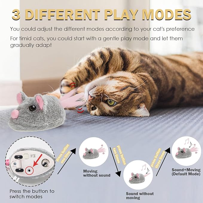 Cat Toys Squeaky Rechargeable Moving Mouse with Dynamic Magic Tail, Automatic Self Play Mouse Interactive Cat Toy for Indoor Cats, Electric Motion Activated Mice Toys for Kitten(Gray)