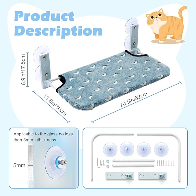 Glow in the Dark Cat Hammock with Cordless Cat Bed, 4 Strong Suction Cups, Warm Soft Zipper Cushions, Moon, Large