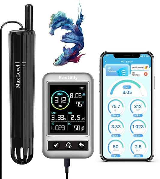 Digital Aquarium Water Tester, Salinity pH ORP TDS EC Temp Multi-Parameter Tester for Freshwater Saltwater Fish Tanks Real-Time Alerts