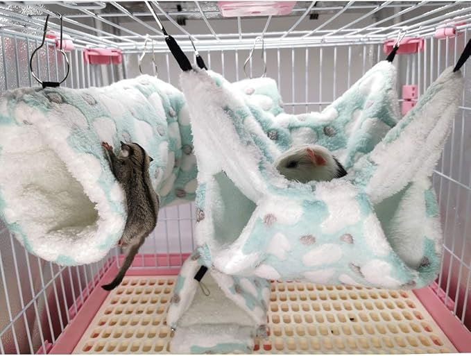 LEFTSTARER Guinea Pig Ferret Rat Hammock Toy Small Animal Cage Accessories Hideout Tunnel & Bunkbed Hammock for Rat Ferret Guinea Pig Hamster Sugar Glider Chinchilla (Hammock Set Heart-Green)