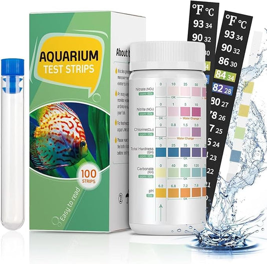 Pawfly 6 in 1 Aquarium Test Strips, 100 Strips Fish Tank Testing Strips for pH Chlorine Nitrate Nitrite Carbonate and Hardness Water Quality Freshwater Saltwater Test Kits