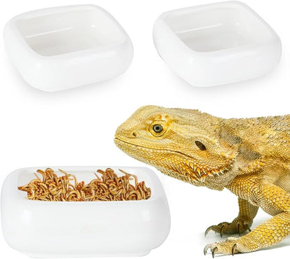 Reptile Food Bowls Ceramic Square Reptile Water Food Dish, Pet Food Bowl for Lizards, Young Bearded Dragons, Small Snakes, Gecko Tortoise Spider (White, Large-2Pack)