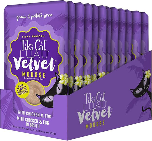 Tiki Cat Luau Velvet Mousse, Chicken & Egg in Broth, Complete Nutrition for Balanced Diet, Wet Cat Food For All Life Stages, 2.8 oz. Pouch (12 Count)