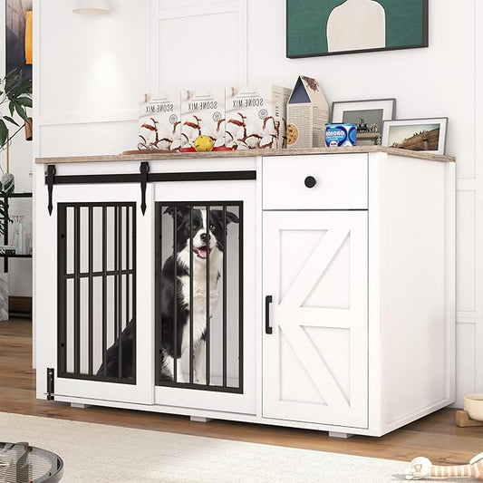 Verano Garden 44" Dog Crate, 2-in-1 Furniture-Style Dog Crate with Storage Drawer & Cabinet, Heavy Duty Dog Kennel Dog Cage Indoor for Small Medium Dogs, White (44" Right Facing Door)