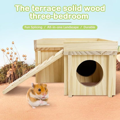 BNOSDM Wooden Hamster Hideout Dwarf Hamster Wood House with Ladder Gerbils Climbing Exploring Toys Cage Accessories for Syrian Hamsters Mice and Other Small Pets