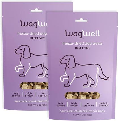 WagWell Beef Liver Freeze-Dried Topper - Grain Free, High Protein Daily Meal Complement for Dogs Made in The USA - Human Grade, Minimally Processed - Pack of 2