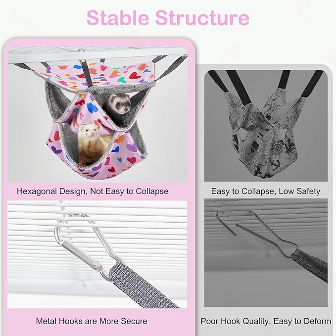 Glittme 3-Layer Ferret Hammock Soft Guinea Pig Hammock Washable Rat Hammock Hamster Cage Accessories Cozy Ferret Bed Toys for Small Animals Pet Sugar Glider