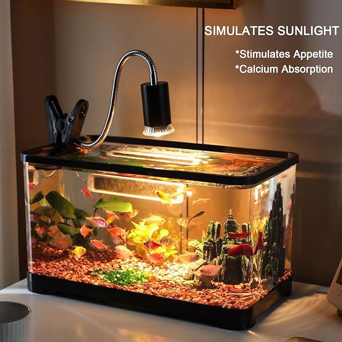 Upgraded Reptile Heat Lamp, UVA/UVB Turtle Heat Light Dimmable Aquarium Basking Light with 2 Bulbs Habitat Heating Lamp with 360° Rotatable for Terrarium Reptiles Lizard Snake