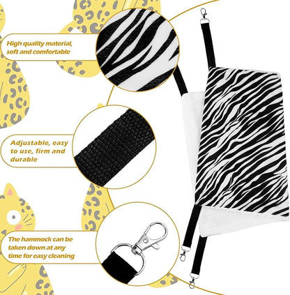2 Pieces Reversible Cat Hanging Hammock Soft Breathable Pet Cage Hammock with Adjustable Straps and Metal Hooks Double Sided Hanging Bed for Small Dogs Rabbits(Zebra, Tiger Stripes,L)