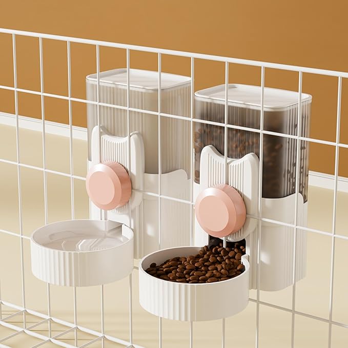 Hanging Cage Automatic Food Water Dispenser, Detachable Auto Gravity 1L Self-Feeding Feeder and Waterer Set, Crate Auto Feeder Dish for Puppy Cats Ferret Bunny Guinea Pig Small Pets (Pink)