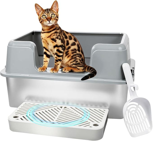 Vivifying Stainless Steel Cat Litter Box, Large Semi-Enclosed Litter Box with Lid, Anti-Leakage Metal Pan for Easy Cleaning & Odor Control (Gray)