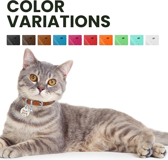 BRONZEDOG Leather Cat Collar with Removable Bells Non Breakaway Kitten QR Tag for Girl Boy (7" - 9" for Cats, Light Brown & Silver)