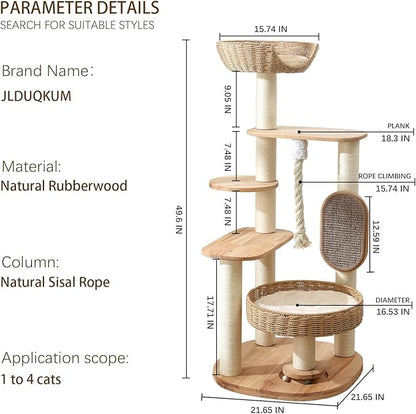 Wooden Cat Tree for Large Cat, 49.6-Inch Tall Cat Tower with Scratching Post for Indoor Cats, Multi-Level Cat Condo with Hand-Woven Cat Bed and Scratching Board Easy to Clean