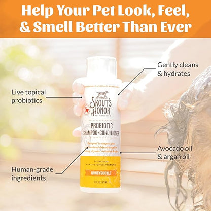Skout's Honor Probiotic Dog Shampoo & Conditioner with Avocado Oil & Omega-3s, 97% Natural, Paraben & Sulfate-Free, Cruelty-Free, 16oz, Honeysuckle