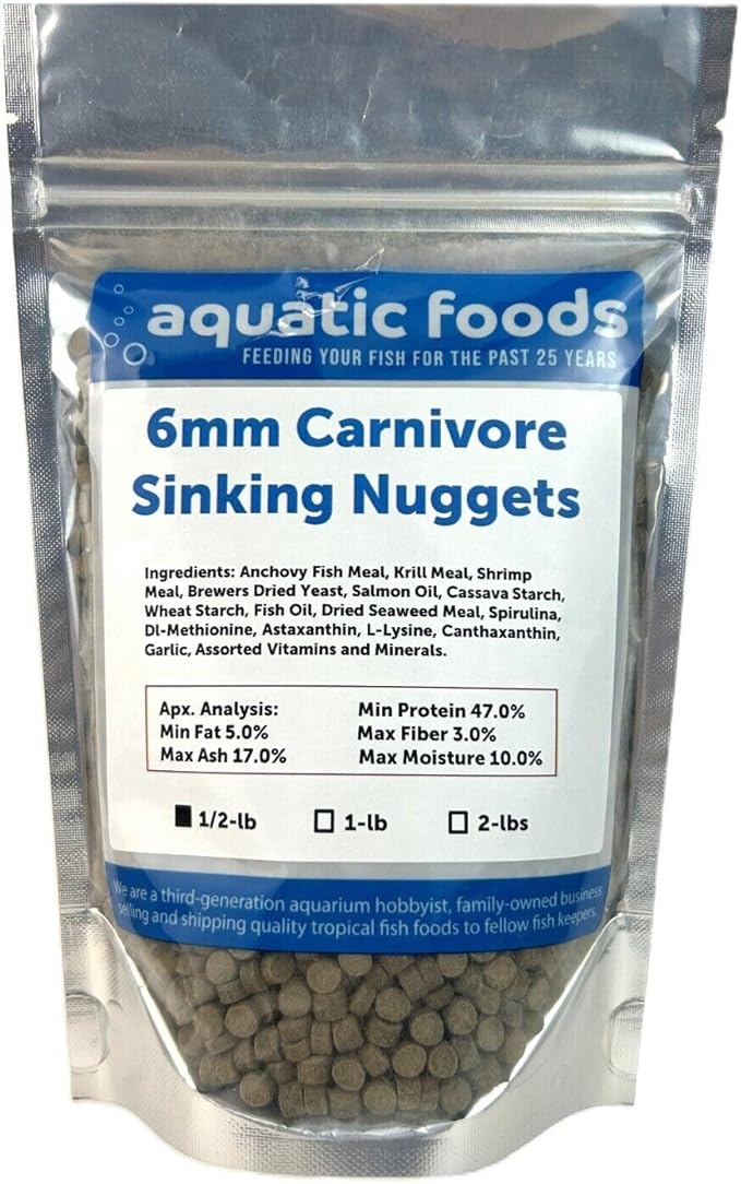Aquatic Foods Inc. 6mm - 1/4" Carnivore Sinking Pellets for Carnivore Cichlids, Catfish, Monster Fish, Bottom Grazers, All Medium to Large, Also Koi & Pond Fish. - WL…1/2-lb Foil Pouch Bag