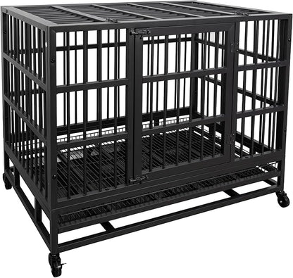 JY QAQA 38 Inch Heavy Duty Indestructible Dog Crate Double Doors Escape Proof Cage Kennel,Enhanced Metal Pet Cage,Extra Large XL XXL Crate Indoor for Large Dog with Removable Tray and Lockable Wheels
