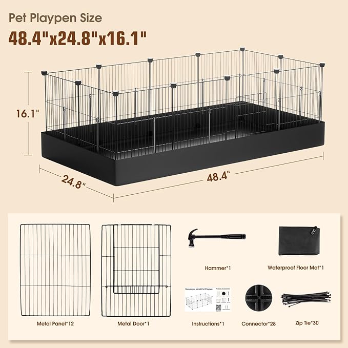 12 Panels Small Animal Playpen with Waterproof Mat - Durable Metal Wire Yard Fence for Guinea Pigs, Kittens, Puppies, Hamsters, and Hedgehogs - Indoor & Outdoor Pet Cage