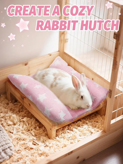 MEWTOGO 15.7x14in Rabbit Bed - Thickened Soft Bunny Concave Bed, Cuddle Cushion Plush Mat with Cotton Lounger Pillows for Cage Sleeping Indoor Bunny Gifts, Pink-Star