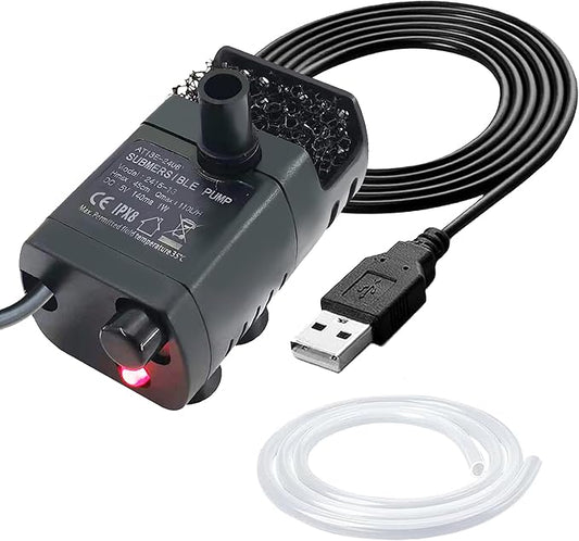 USB Mini Fountain Pump,1M tube,DC 5V 0.7W Mini Submersible Pump with Filter,Suitable for Small and Medium-Sized Aquariums,Tabletop Fountains,Pet Fountains,Hydroponic Pumps (Black)