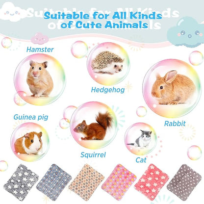 Yulejo 6 Pieces Guinea Pig Bed Mats with Cleaning Dustpan Brush Washable Plush Cage Lines Soft Fleece Sleeping Bedding Pads for Hamster Bunny Chinchilla Squirrel Small Animals (Cute Color, Star)
