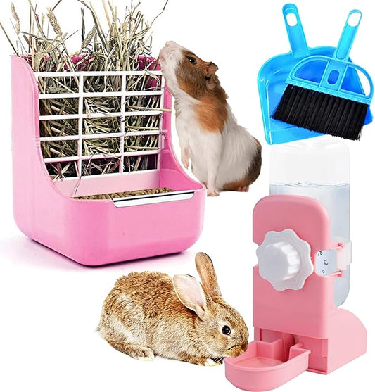 HERCOCCI Rabbit Hay Food Bin Feeder and Bunny Water Bottle Set, Hay Food Feeder Bowls Manger Rack with 500ml Hanging Water Dispenser Prevent Knock Over for Rabbit Guinea Pig Chinchilla (Large, Pink)
