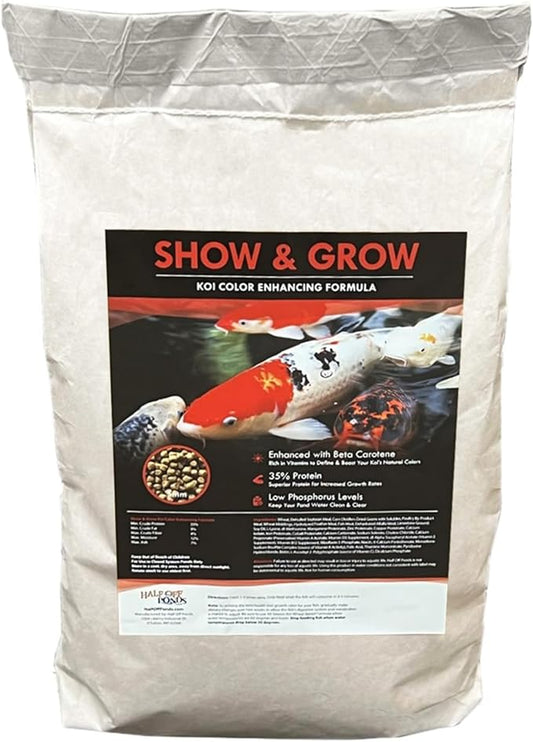 HALF OFF PONDS Show & Grow Koi Fish Food - 10 lb Floating Pellets, 3mm Size - Goldfish Food for Ponds - 35% Protein with Beta Carotene & Vitamins - Enhances Color Vibrancy & Body Definition