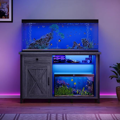 4ever2buy 55-75 Gallon Fish Tank Stand with Power Outlets, LED Light, Heavy Duty Aquarium Stand with Cabinet for Fish Tank Accessories Storage, for Turtle Tank, Reptile Terrarium, 1100LBS, Gray
