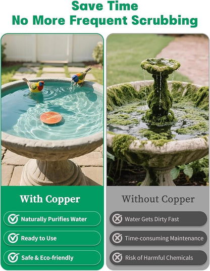 2-Pack Bird Bath Copper Disk, 0.6mm Thick 99.9% Pure Copper Cleaning Disk with Triple-Point Support, Safe Nature’s Purifier Clean Water All Season, Universal for Outdoor Birdbaths Bowls