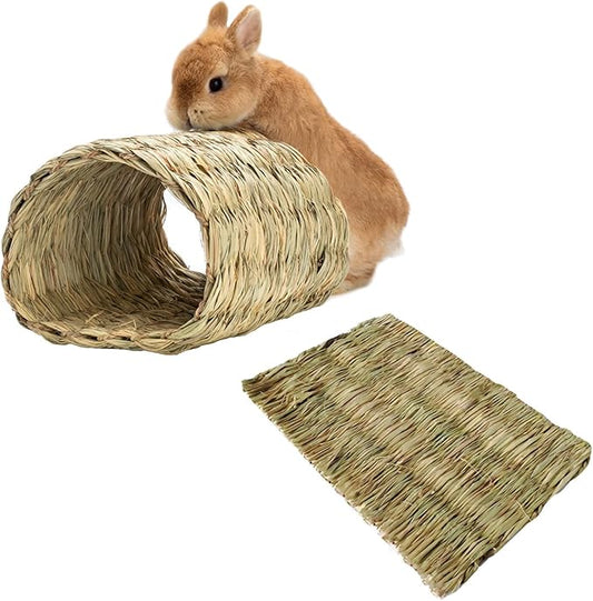 Hamiledyi Rabbit Grass Tunnel,Rabbit Grass Bed Natural Straw Woven Mat Winter Warm Hideaway Hut for Bunny Gerbil Ferrets Chinchilla Guinea Pig