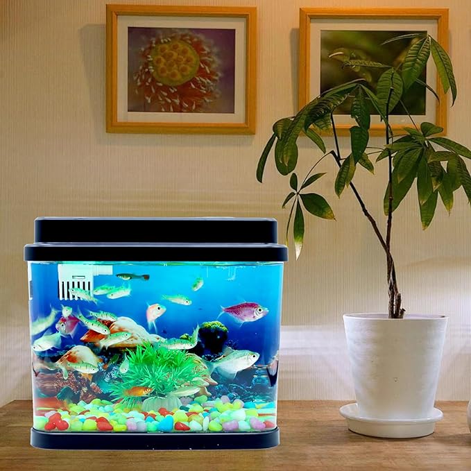 Mini Fish Tank Small Aquarium 1 Gallon Fish Bowl 6 Color Auto-Looping Light 3 in 1 Quiet Pump with Filteration & Oxygenation & Circulation,Submarine Background,Thickened Base