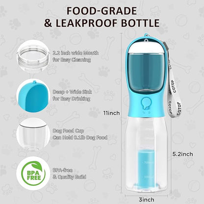 20oz Dog Water Bottle with Food Container & Poop Bag Dispenser | Leak-Proof Portable Pet Water Dispenser with Carabiner Clip | for Walking, Hiking, Travel
