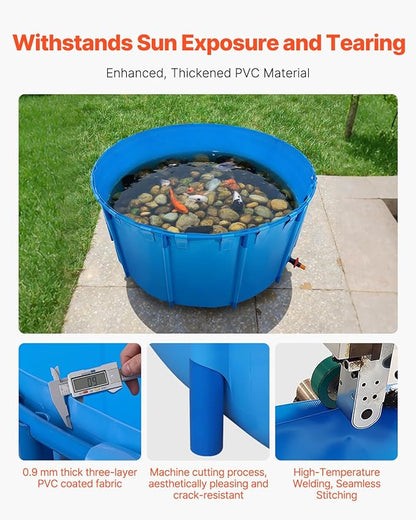 VEVOR Canvas Fish Pond, 1320 Gal Capacity Above Ground Fish Pond, Foldable PVC Koi Tank, Round Goldfish Tank with Stable Frame and Drain Valve, for Aquaculture, Koi Breeding, and Irrigation (Blue)