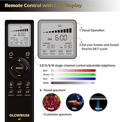 GLOWRIUM LED Aquarium Light with Remote, Full Spectrum Fish Tank Light with Auto Timer, IP67 Waterproof Freshwater Planted Tank Light, Dimmable RGB+W+Moon LEDs with High Performance (36W 48-53inch)