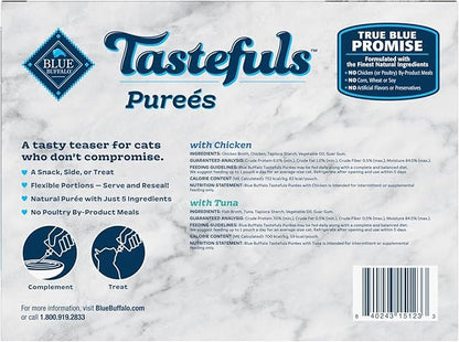Blue Buffalo Tastefuls Purées Variety Pack, Natural Cat Food Complement, Resealable Twist Cap Pouches, Chicken and Tuna, 3-oz (12 Count, 6 of Each Flavor)