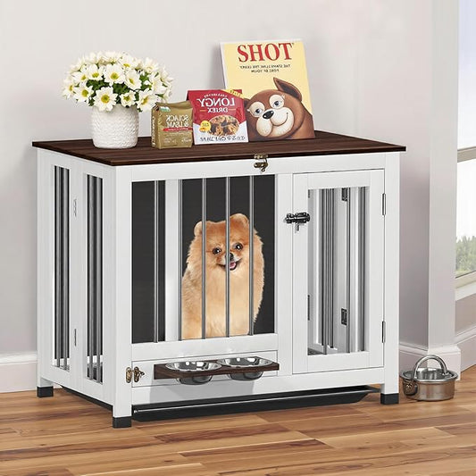 31.5" Dog Crate Furniture - Indoor Wooden Kennel with 360° Rotating Feeder | Multi-Functional End Table for Small & Medium Dogs | Portable Pet Cage with Removable Tray & Easy Assembly