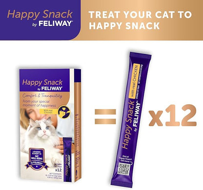 Feliway Happy Snack, Delicious, Lickable, Squeezable Purée Cat Treats for a Daily Calming Routine, Made with Real Chicken, 12 Pack (0.5oz Tubes)