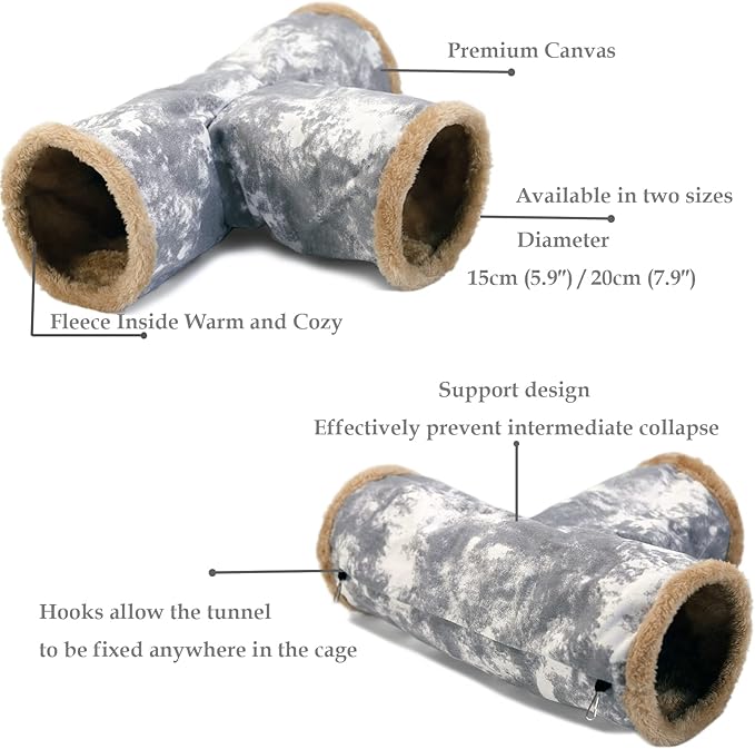 LeerKing Guinea Pig Tunnel 3 Way, Small Animal Hideout Toy Washable Canvas Fleece Tube Play Tunnel for Rats Ferret Bunny Gerbil Sugar Glider Chinchilla, Grey L