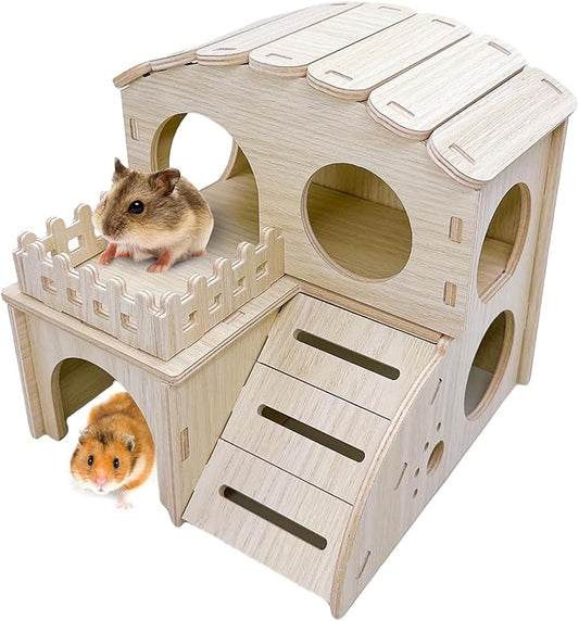 Hamster Wood House Wooden Hamster Hideout Maze Double-Decker Huts with Climbing Ladder for Syrian Dwarf Gerbil Mouse
