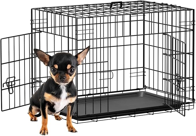 FDW 24inch Dog Crate Pet Cage with Metal Folding Design Plastic Tray Indoor Outdoor Dog Kennel Cage for Small Dogs,Black