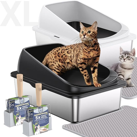 Stainless Steel Cat Litter Box with Scoop, Metal Litter Box High Sided, Cat Litter Box Enclosure, XL Extra Large High-Sided Litter Boxs (Anti-Urine Leakage, Include Scoop) (Black＆White)