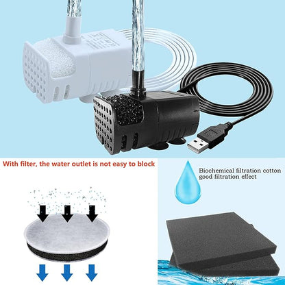 2Pcs USB Mini Fountain Pump,DC 5V 0.7W Mini Submersible Pump with Filter,Suitable for Small and Medium-Sized Aquariums,Desktop Fountain Pumps,Ponds,Hydroponic Pumps (black + white)