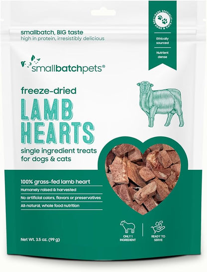 smallbatch Pets Premium Freeze-Dried Lamb Heart Treats for Dogs and Cats, 3.5 oz, Made and Sourced in The USA, Single Ingredient, Humanely Raise Meat, No Preservatives or Anything Artificial Ever